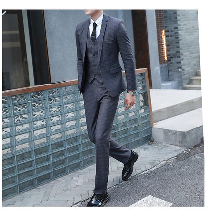 Men's Autumn Winter Trendy Three-Piece Suit Set Slim Fit Stylish Vest Trousers Ensemble Handsome Personality Wardrobe Essential