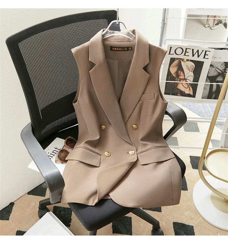 Women Spring Suit Jacket With Lined Waistcoat Female Korean Solid Color Loose Double Breasted Casual Blazers Vest Tops Jacket