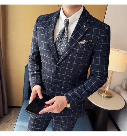 Men's 3-Piece Slim Fit Plaid Suit – Jacket, Vest & Pants for Weddings, Office & Formal Occasions