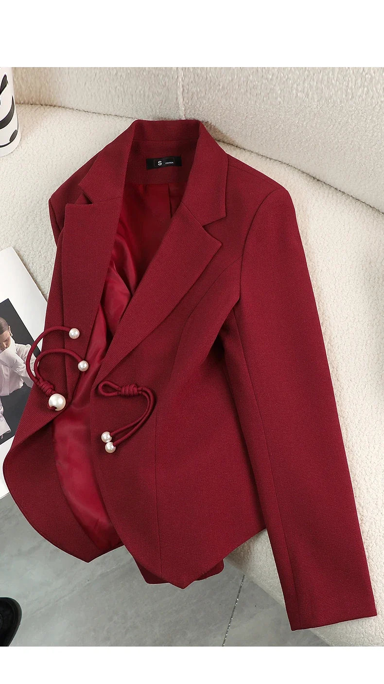 Elegant National Style Buckle Pants Suit  2024 Autumn New Professional Temperament Slim Blazer And Pants Office Ladies Work Wear