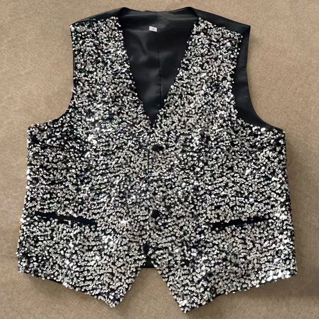 Men Vest Black Sequin V-Neck Single Button Waistcoat for Weddings & Formal Events