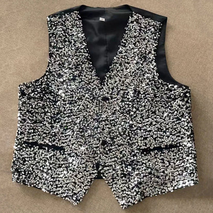 Men Vest Black Sequin V-Neck Single Button Waistcoat for Weddings & Formal Events