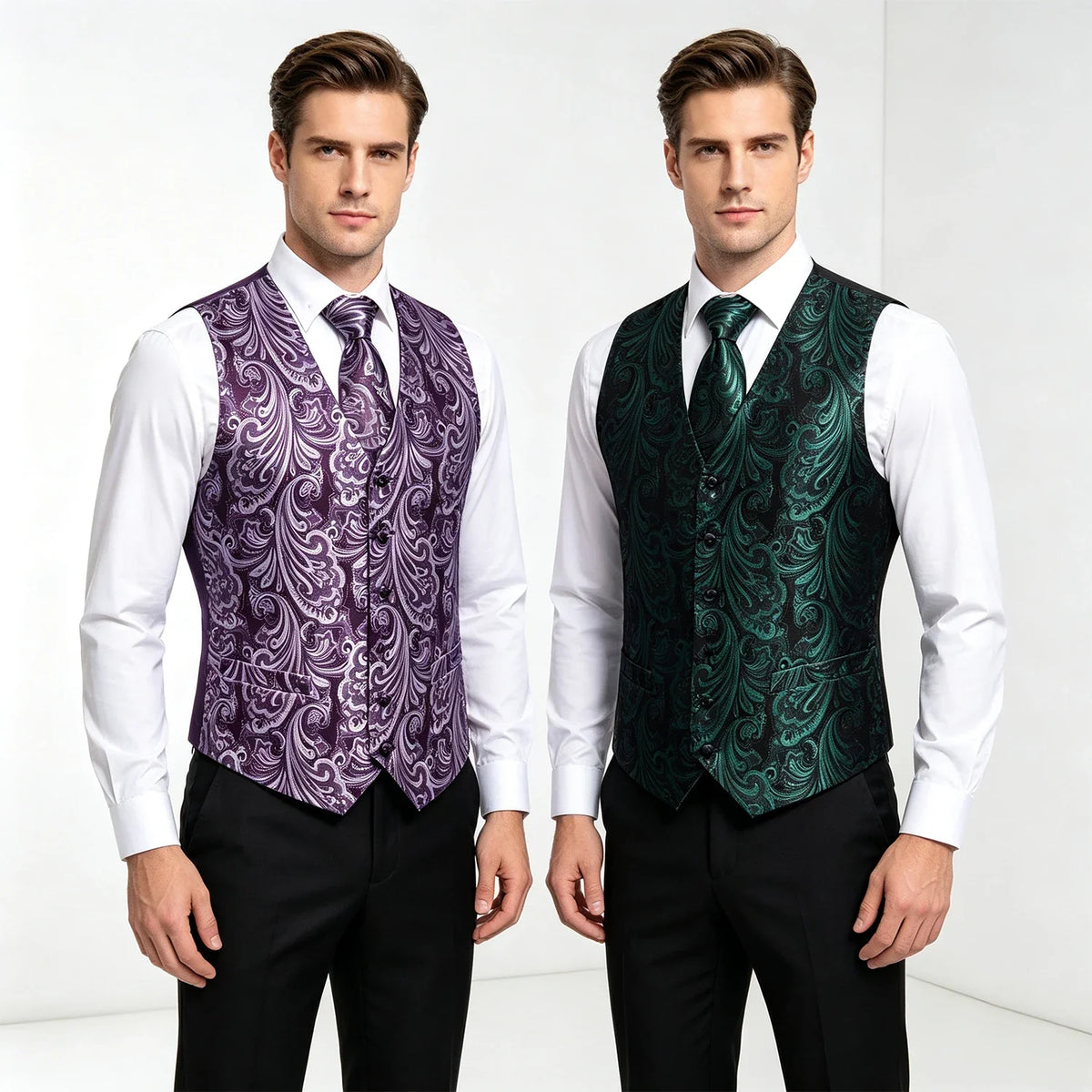 Men's Suit Vest 4-Piece Set – Black Glossy Floral Jacquard Waistcoat for Wedding & Formal Occasions
