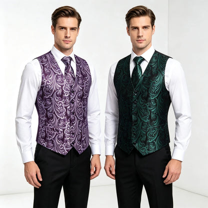 Men's Suit Vest 4-Piece Set – Black Glossy Floral Jacquard Waistcoat for Wedding & Formal Occasions