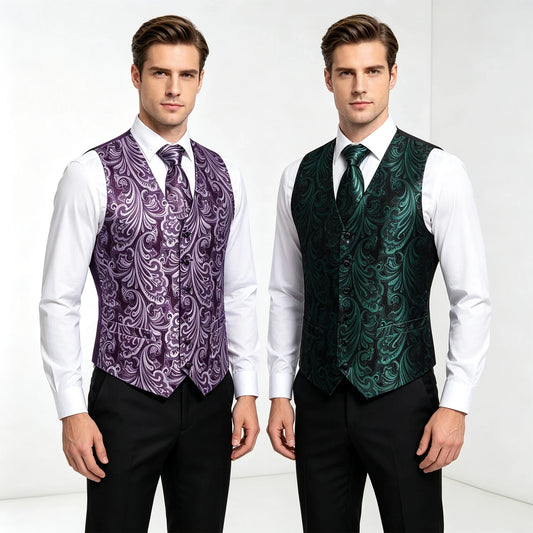 Men's Suit Vest 4-Piece Set – Black Glossy Floral Jacquard Waistcoat for Wedding & Formal Occasions