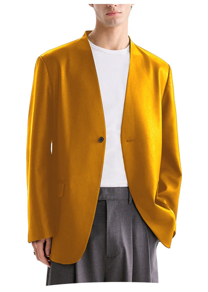 Men's PU Leather Collarless Blazer Single Button Loose Fit Jacket for Wedding Party Office