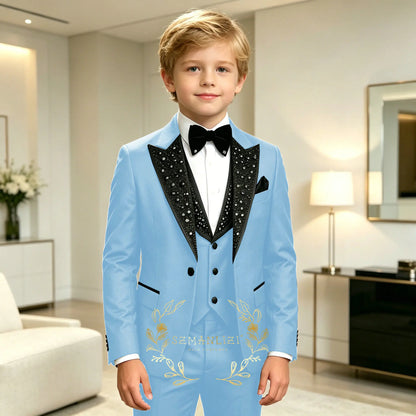 Classic Suits for Boys Black Crystals 3-Piece Fashion Stylish Boy's Tuxedo Formal For Party Outfit For Kids Blazer Vest Pant