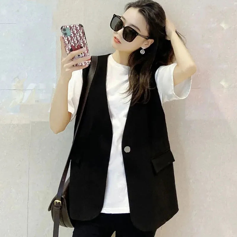 Spring Autumn Ladies Solid Sleeveless Vest Jacket Feminine V-neck Blazer Waistcoat Tops Coat Korean Women Fashion Leisure Suit
