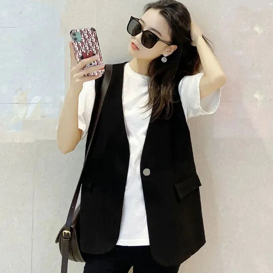Spring Autumn Ladies Solid Sleeveless Vest Jacket Feminine V-neck Blazer Waistcoat Tops Coat Korean Women Fashion Leisure Suit