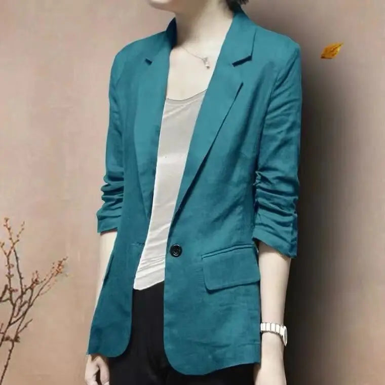 Women's Linen Blazer Casual Slim Fit Single Button Notched Lapel Lightweight Suit Jacket