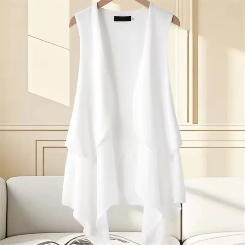 Korean Chiffon Mid-length Vest Women's Thin Coat 2026 New Summer Slim Sleeveless Suit Jacket Fashion Waistcoat Cardigan Tops
