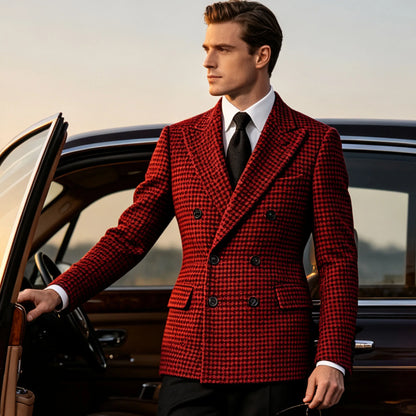 Men's Double Breasted Houndstooth Suit Jacket Classic Slim Fit Groom Wedding Blazer