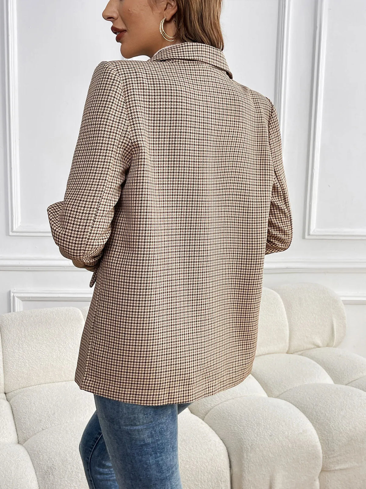 Spring Autumn 2026 Vintage Houndstooth Blazer Women Notched Loose Jacket Coat Women Clothing Female Casual 63997