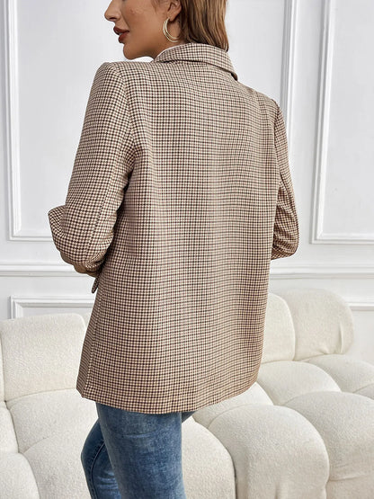 Spring Autumn 2026 Vintage Houndstooth Blazer Women Notched Loose Jacket Coat Women Clothing Female Casual 63997