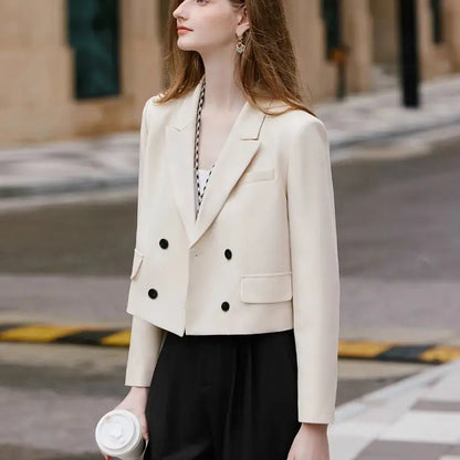 Premium Solid Color Women's Petite Double Breasted Short Blazer 2025 Fall New Arrival High Quality Fashion Office Wear Youthful