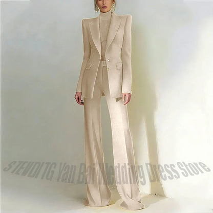 Women Pant Suit 2 Piece Set Office Female Business Work Formal Jacket Trouser One Button Chic Yellow Peaked Lapel Elegant Suit