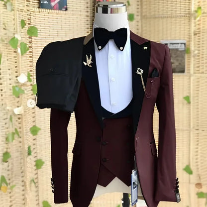 Elegant 3 Piece Slim Fit Men's Tuxedo Suit Set for Wedding Prom Party - Solid Color Blazer Vest Pants Male Formal Wear