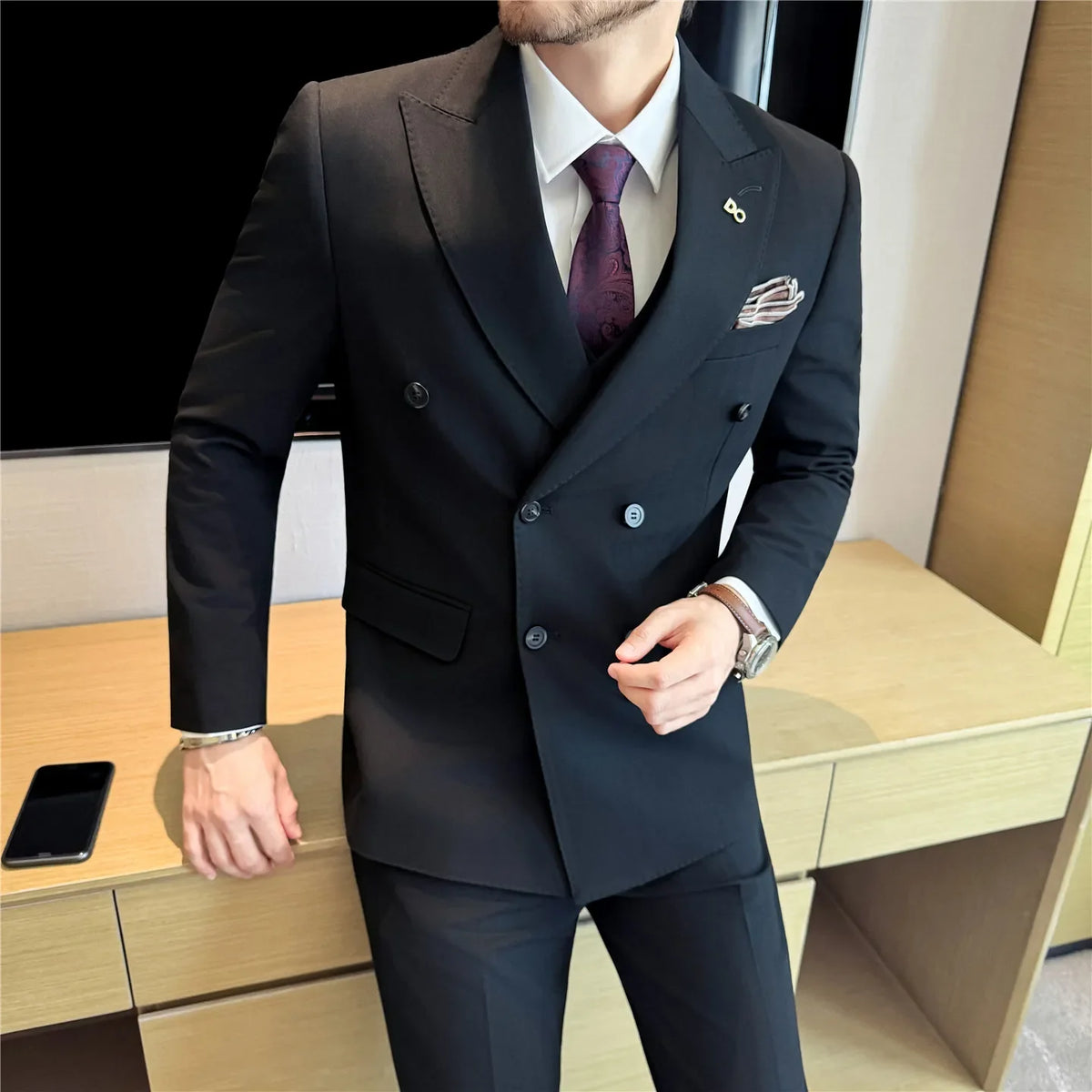 (Jackets+Pant) High Quality Dark Striped Double Breasted Suit Luxury Men Fashion Elegant Tuxedo Formal Groom Wedding Social Suit