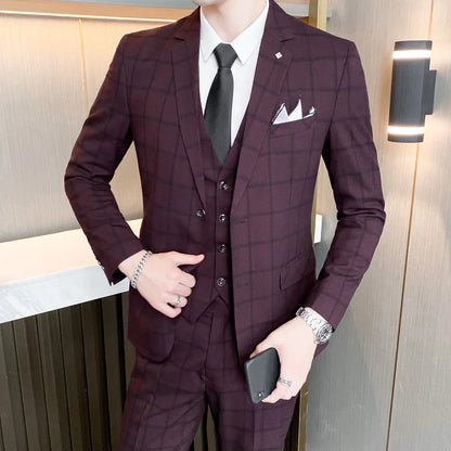 Men's Suit Set – Blazer, Vest & Trousers – British Grid Smart Casual for Business & Weddings