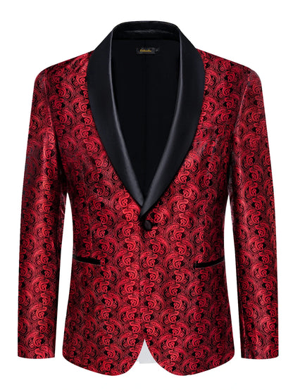 Men's Silver & Multi-Color Paisley Print Blazer with Black Satin Lapel for Wedding Formal Events