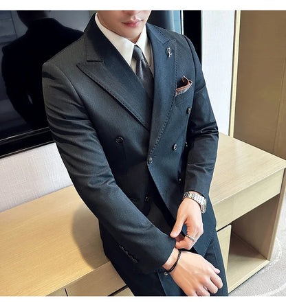 (Jackets +Pants ) Men's Suits 2 Piece High-Quality Double Breasted Lapel Solid Business Groom Wedding Tuxedo Banquet Clothing