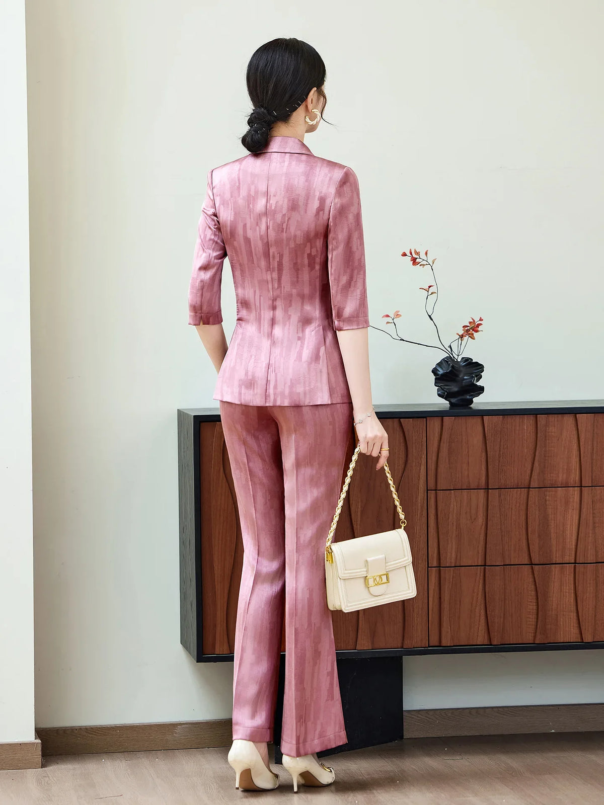 Spring Ladies Pant Suit Women Pink Wine Red Female Business Work Wear Half Sleeve Jacket and Trouser Formal 2 Piece Set Blazer