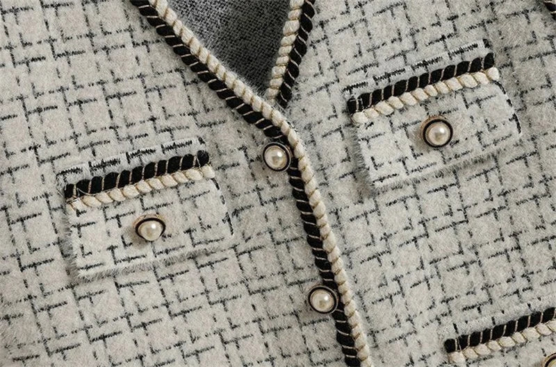 Women V-neck Tweed Sleeveless Vest Female Splicing Together Waistcoat Top Autumn Lady Lmitation Mink Fur Vest Jacket