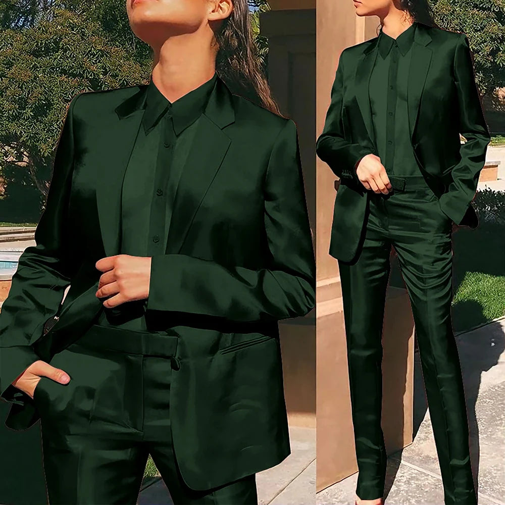 Women’s Red Satin Suit 2 Piece (Jacket+Pants) Set Gorgeous Single-breasted Blazer for Evening Party Formal Cocktail Streetwear