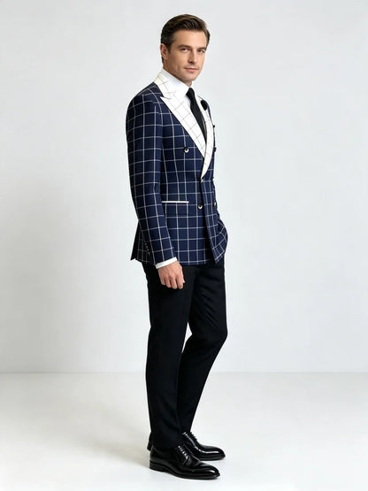 Men's Contrast Double Breasted Business Blazer Check Peak Lapel Slim Fit Suit Jacket Wedding Fashion Party Formal Outerwear