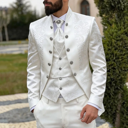 Men Suit White 3 Pieces Floral Pattern Hight Neck For Wedding Birthday Banquet Party Business Work Office Set Jacket Vest Pants