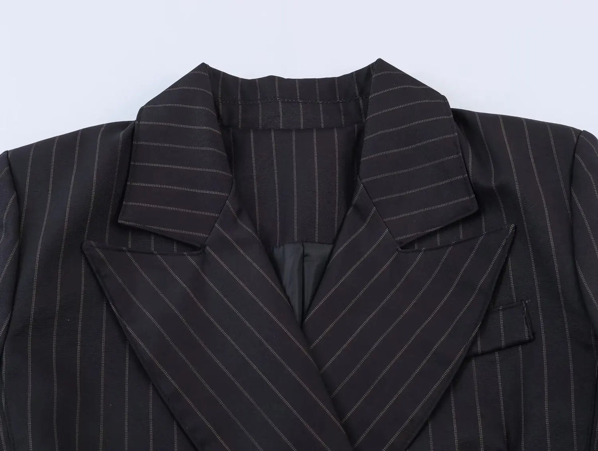 Women New Fashion Charcoal Gray Pinstripe Double-breasted Blazer Coat Female Versatile Lapel Long Sleeve Office Suit Jacket