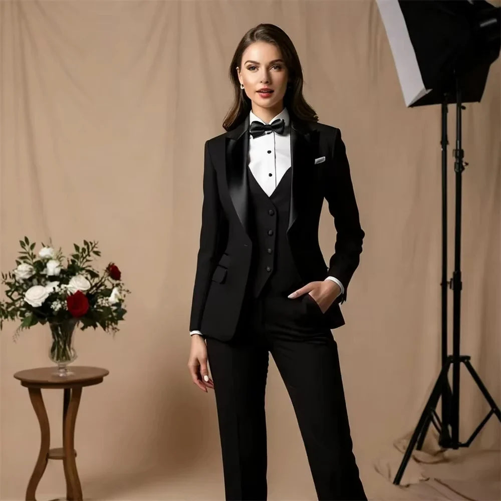 Red Women's Tuxedo Suit 3 Piece Jacket+Vest+Pant Tailored Blazer Set Custom Formal Outfit Bridesmaid Dress Business Office Suit