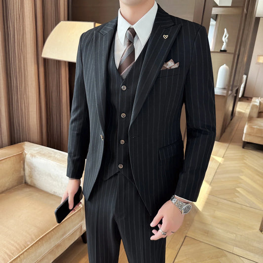 Men's Slim Fit Three-Piece Striped Suit – Wedding, Business & Smart Casual | Black & Grey