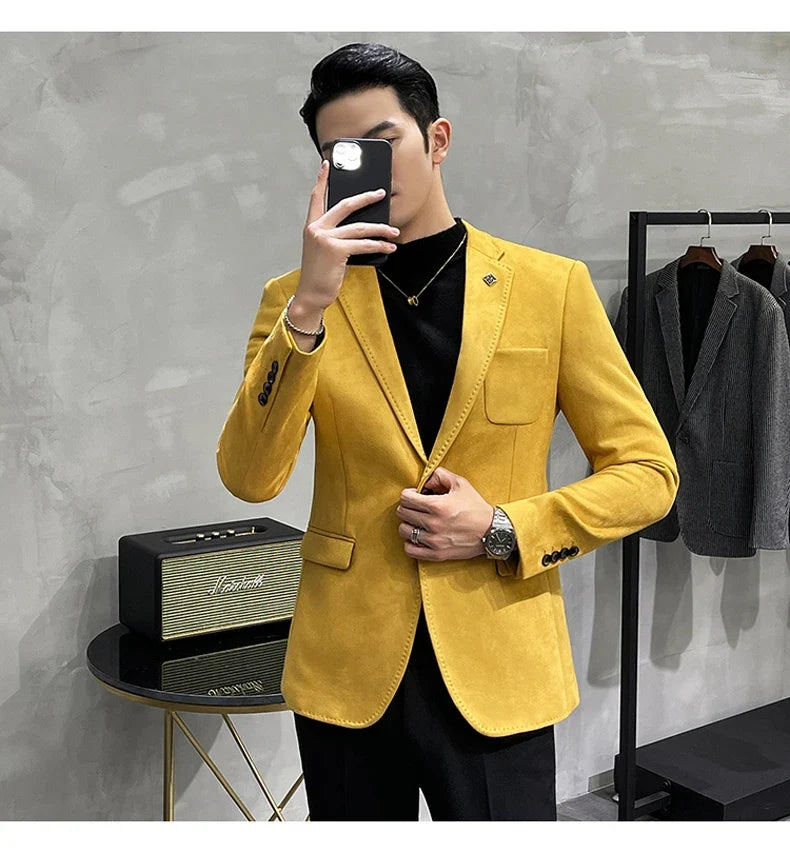 2023 Spring Suede Suit Jacket Men Casual Business Slim Fit Blazer Deerskin Leather Jacket Men Wedding Street Wear Social Coat