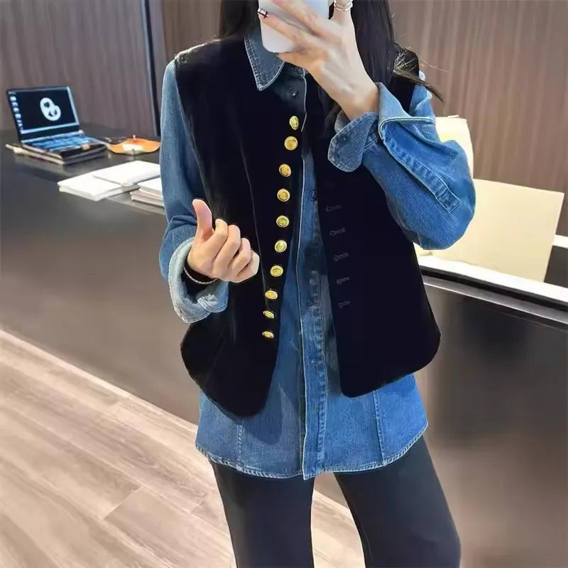2025 Autumn Winter Chinese Style Velvet Vest Jacket Women's Sleeveless Coat Versatile Slim Lady Retro Waistcoat Outwear