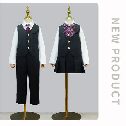 Boys Girls 4Pieces Suit Set Kids School Uniform With Vest Pants Shirts Tie Twins Birthday Piano Performance Costume