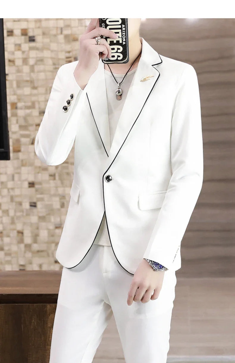 Men's Slim Fit Korean Style Two-Piece Suit Set – Smart Casual Polyester Suit for All Seasons