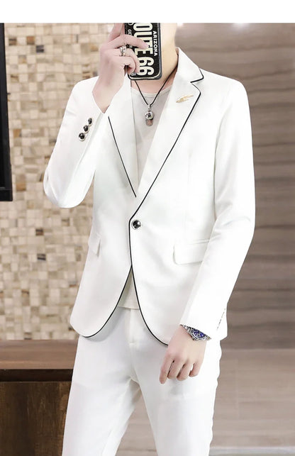 Men's Slim Fit Korean Style Two-Piece Suit Set – Smart Casual Polyester Suit for All Seasons