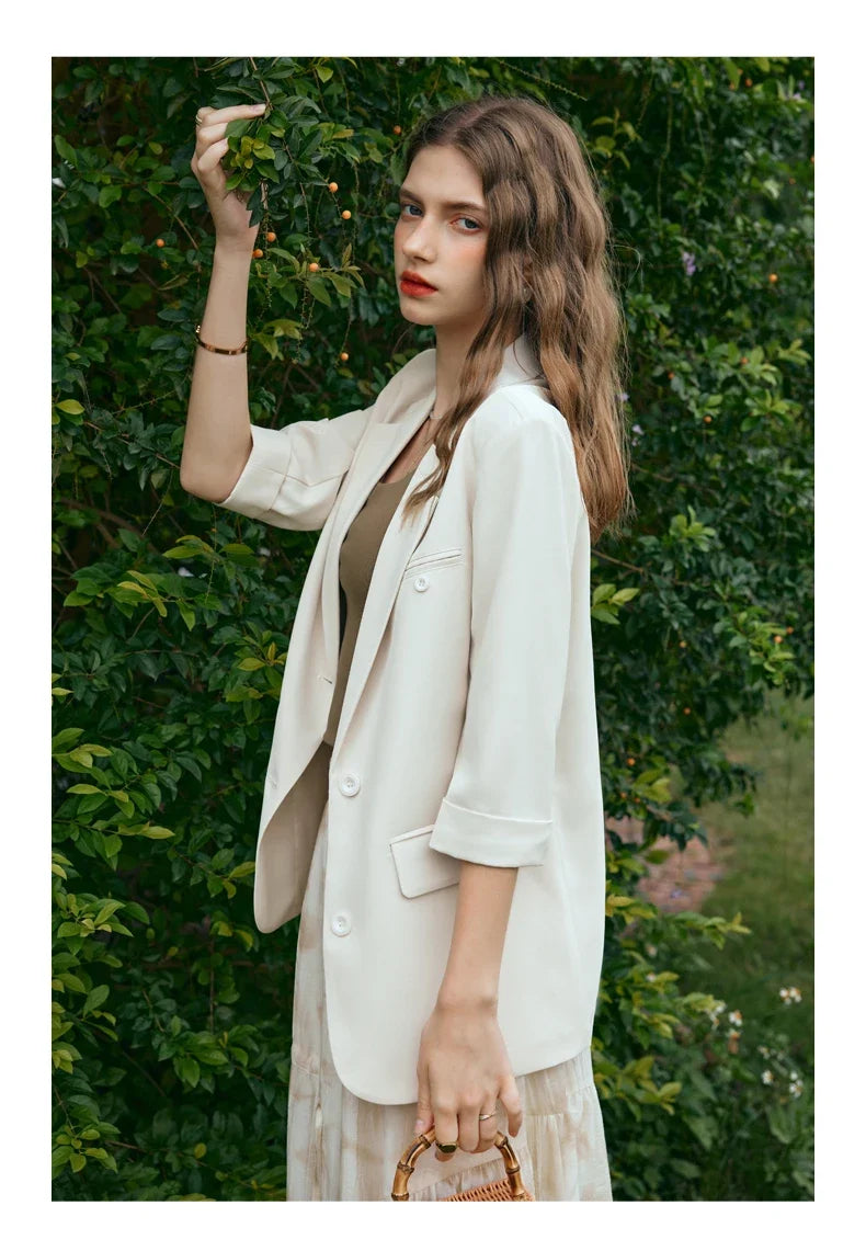Formal Style Womens Blazers 2026 Spring Office Wear Solid Notched Collar Three Quarter Sleeve Outercoat G24CW89889