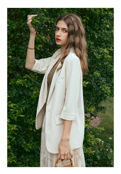 Formal Style Womens Blazers 2026 Spring Office Wear Solid Notched Collar Three Quarter Sleeve Outercoat G24CW89889