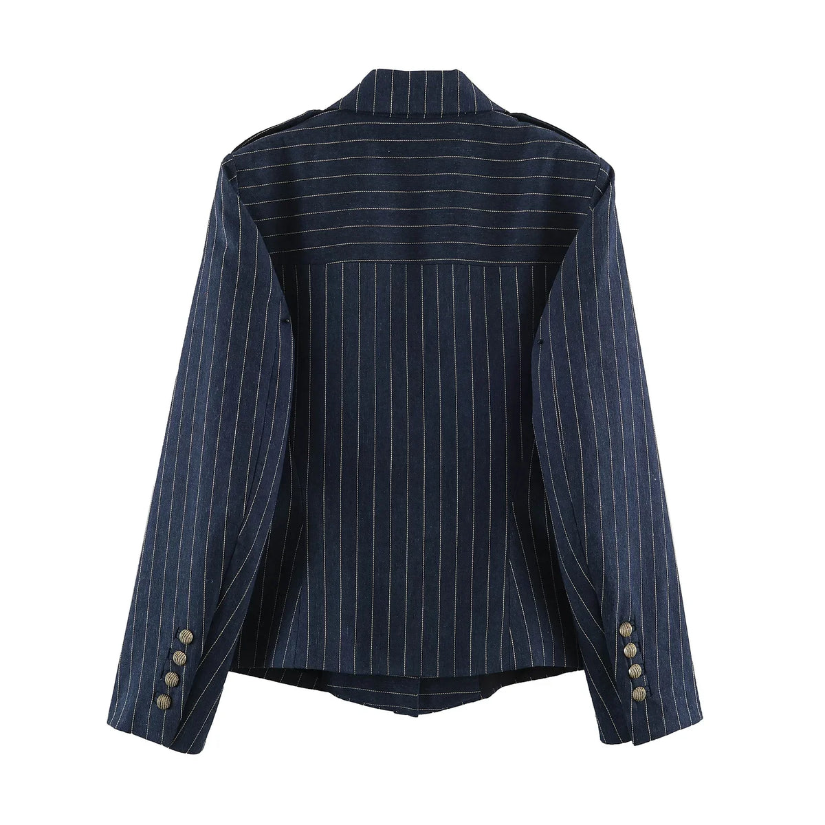 2026 Fashion Women's  Navy Pinstripe Blazer Autumn Elegant Female Long Sleeves Button Military Style Slim Suit Jacket