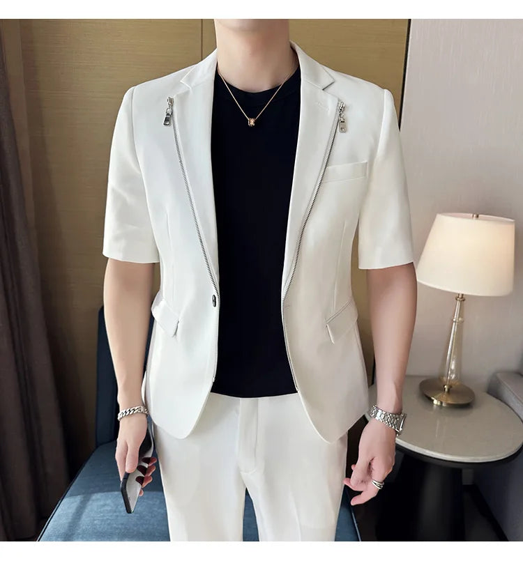 2023 Summer Zipper Decoration Blazers Men Casual Business Suit Jacket Slim Fit 3/4 Sleeve Streetwear Social Jacket Men Clothing