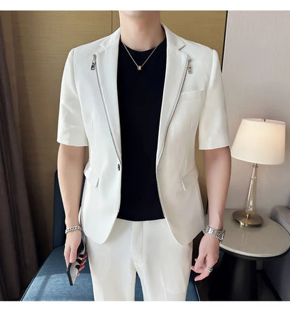 2023 Summer Zipper Decoration Blazers Men Casual Business Suit Jacket Slim Fit 3/4 Sleeve Streetwear Social Jacket Men Clothing