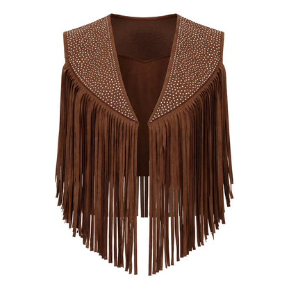 Women's Faux Suede Tassels Vest Waistcoat Western Cowgirl Hippie Costume Sleeveless Fringed Waistcoat for Halloween Party Outfit