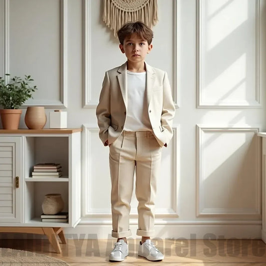 Chic Single Breasted Boys Suit Blazer Pants Kids Casual Formal Outfit Summer Beach Wedding Birthday Graduation Daily Costume