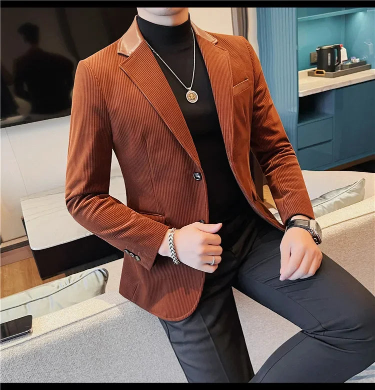 Autumn Winter Corduroy Suit Coat For Men Korean Elegant Slim Fit Business Formal Dress Coats Groom Wedding Tuxedo Suit Jacket