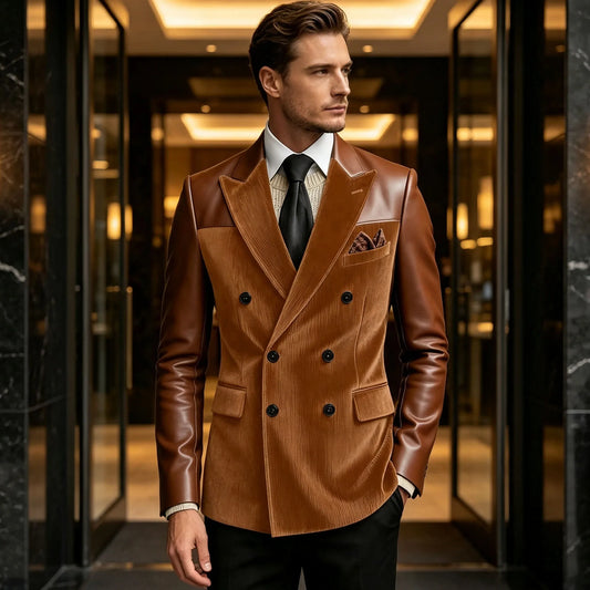 Men's Slim Fit Double Breasted Corduroy Suit – Brown Leather Patchwork Formal Jacket for Weddings & Business