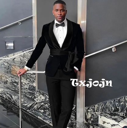 New Arrival Fashion Velvet Men's Suits 2 Pieces Wedding Groom Tuxedo Elegant Handsome Suit Set For Men Birthday Party Customized