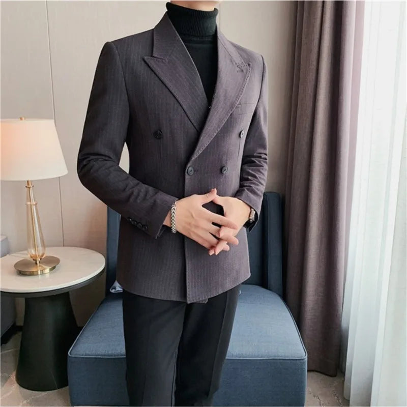 High Quality Double Breasted Suit Jacket Men Striped Casual Business Blazer Slim Fit Wedding Groom Office Social Dress Coat