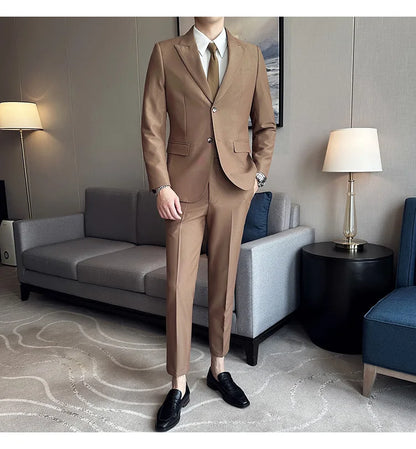 Jacket + Pants 2 Pieces Men's Elegant Fashion Slim Fit Suits Formal Business Wedding Tuxedos Casual Gentleman Solid Dress Suit